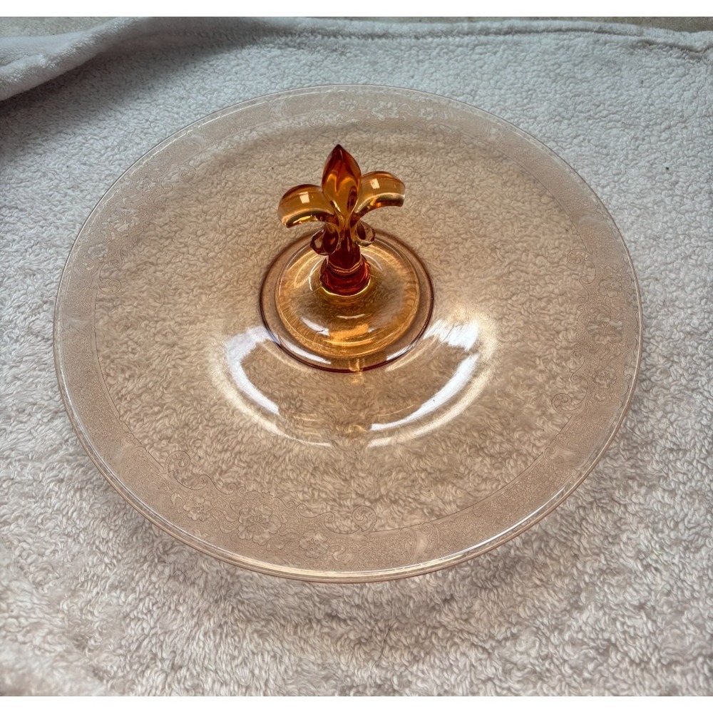 Fostoria 275 Vesper Amber Fleur de Lis Center Handle Sandwich Tray 12in